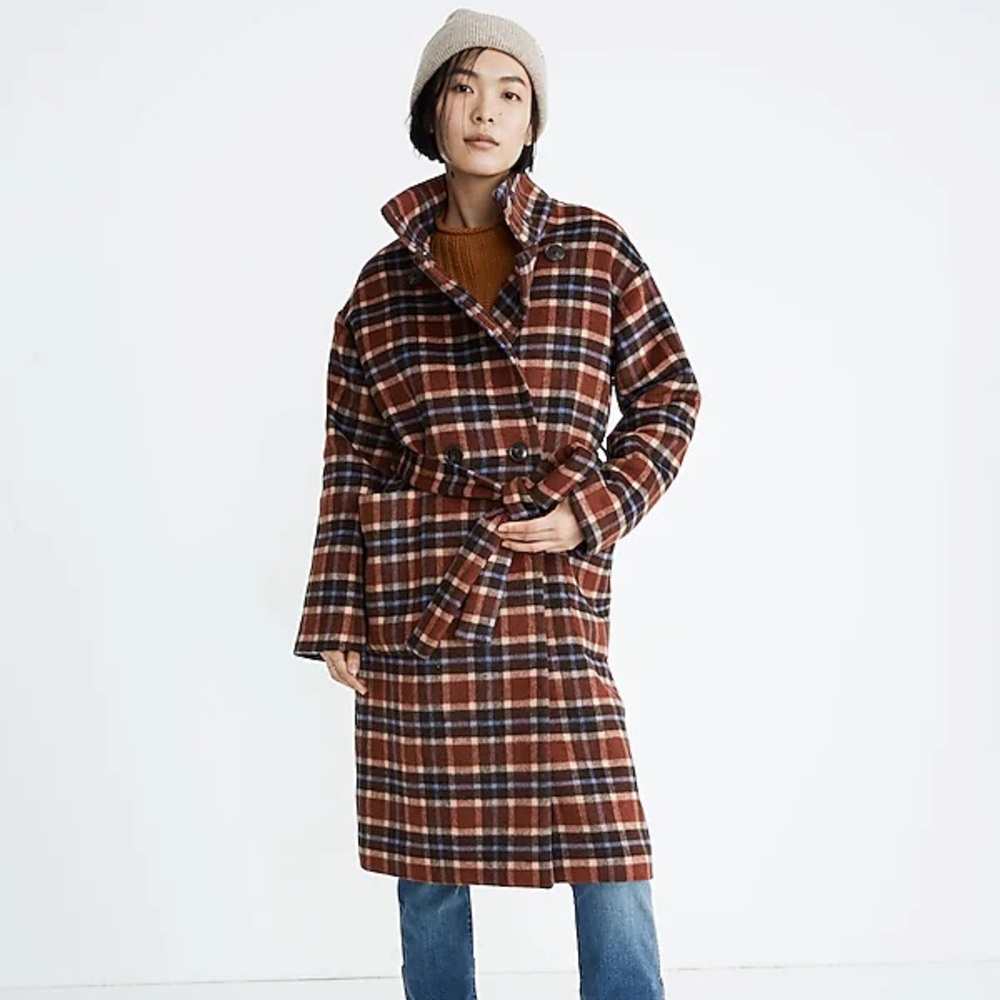 Madewell Plaid Belted Coat - Brown and Blue
